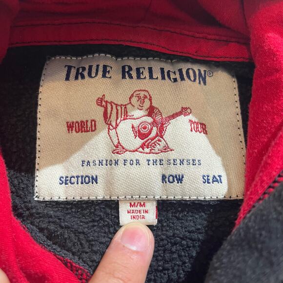VTG Y2K True Religion Black and Red Graphic Hoodie SZ M - Picture 3 of 6